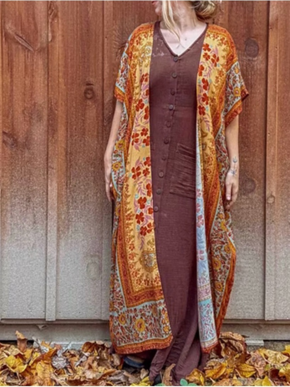 Gardenbelle Boho Floral Paisley Duster — Beige with Rust & Teal